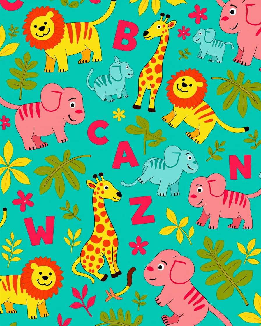 Playful Wild Animals Alphabet Turquoise Background Rug