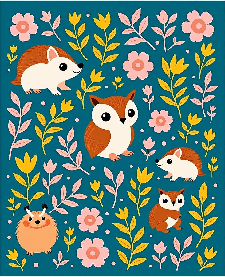 Woodland Creatures Pink Yellow Botanical Rug