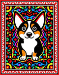Vibrant Corgi Black Geometric Border Rug