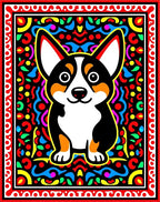 Vibrant Corgi Black Geometric Border Rug