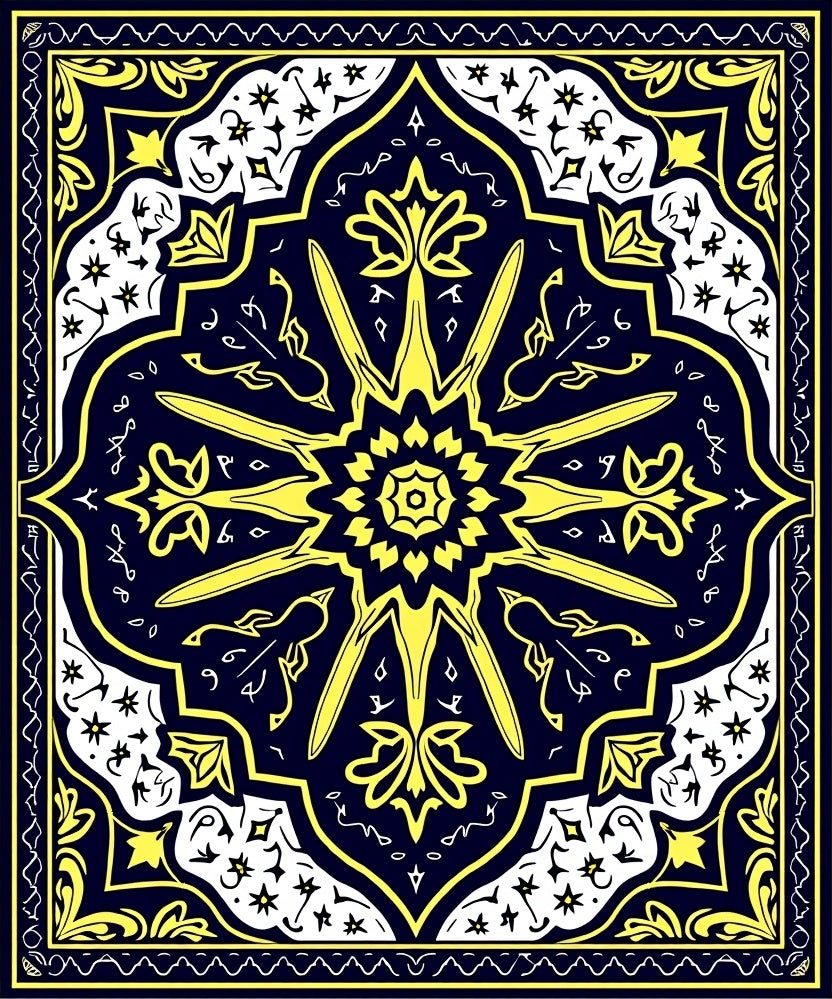 Ornate Starburst Navy Yellow Mandala Rug