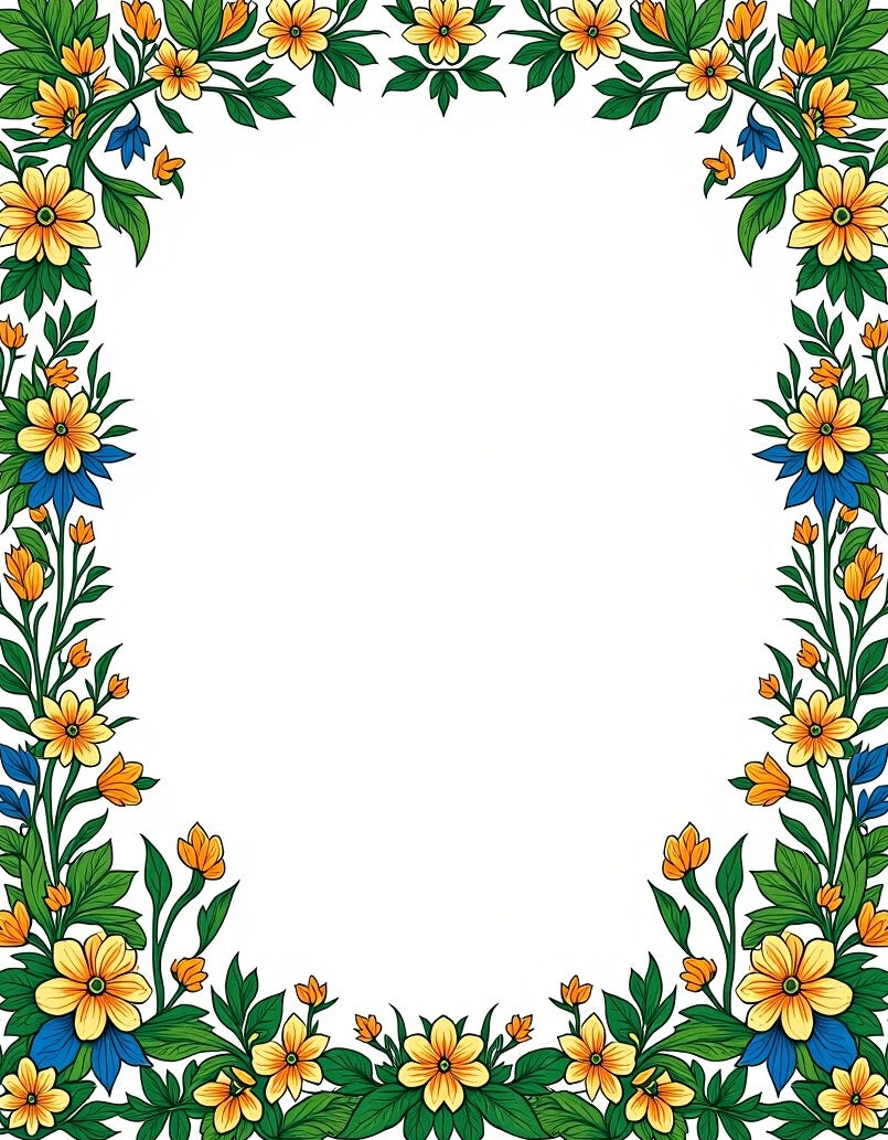 Yellow Blue Floral Border Arrangement Rug