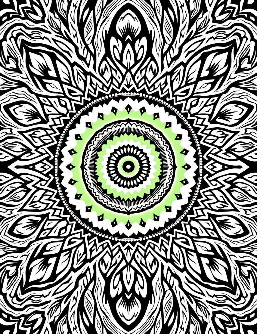 Fractal Lime Green Black Concentric Mandala Rug