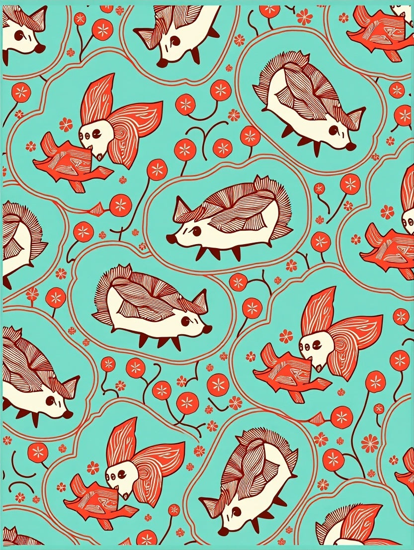 Aqua Hedgehog Fish Floral Whimsical Rug
