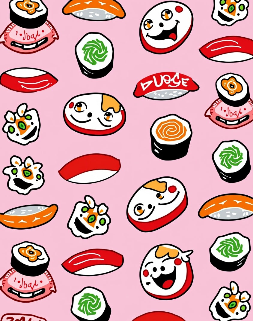 Playful Pink Sushi Character Montage Rug