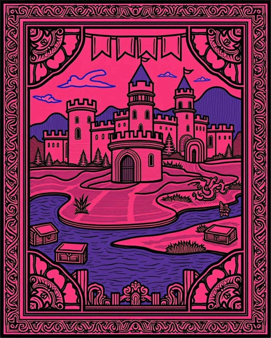 Vibrant Pink Castle Landscape Border Rug