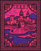 Vibrant Pink Castle Landscape Border Rug