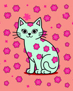 Whimsical Mint Cat Pink Floral Rug