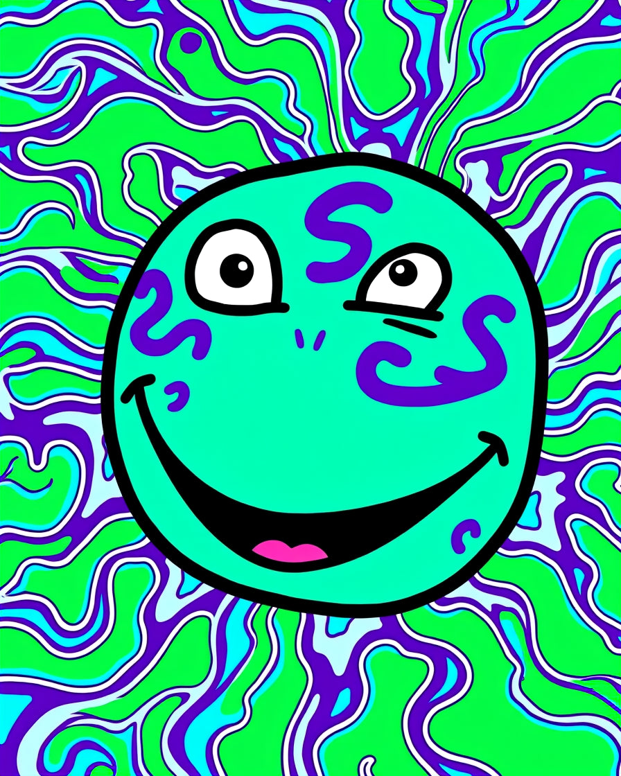 Psychedelic Teal Smiley Face Green Swirls Rug