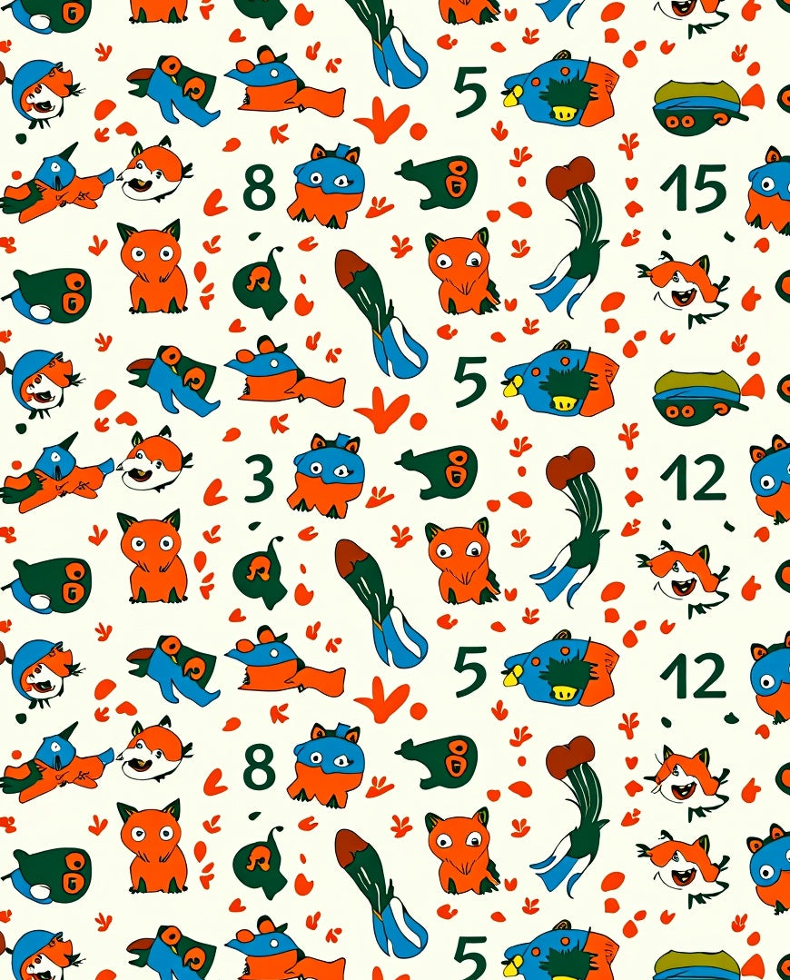 Playful Orange Blue Critters Numbers Collage Rug