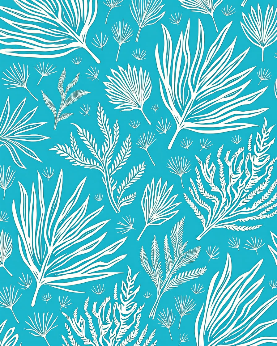 White Tropical Foliage on Teal Rug