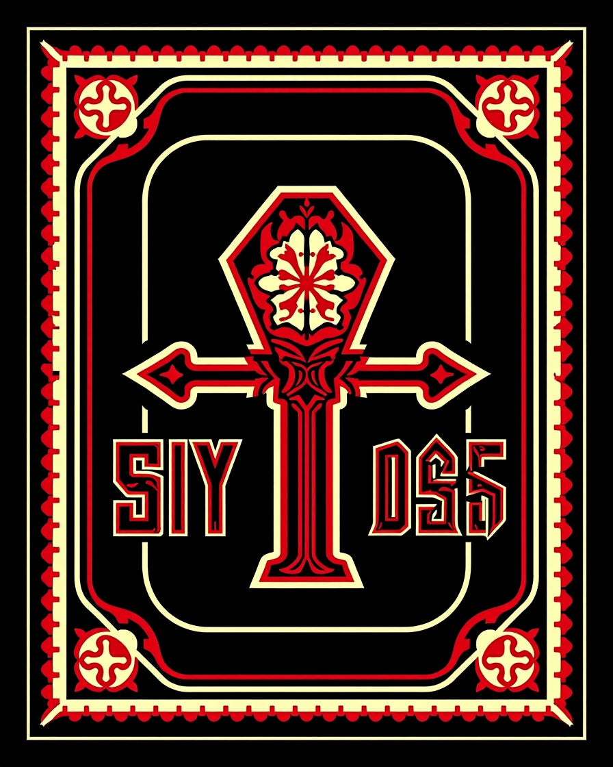 Crimson Red Black Ornate Ankh Rug