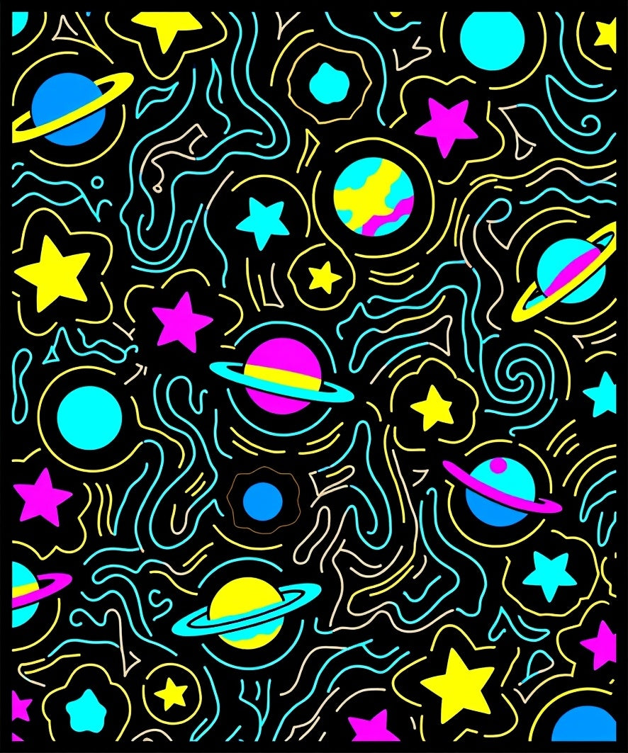 Cosmic Planets Stars Yellow Blue Pink Waves Rug