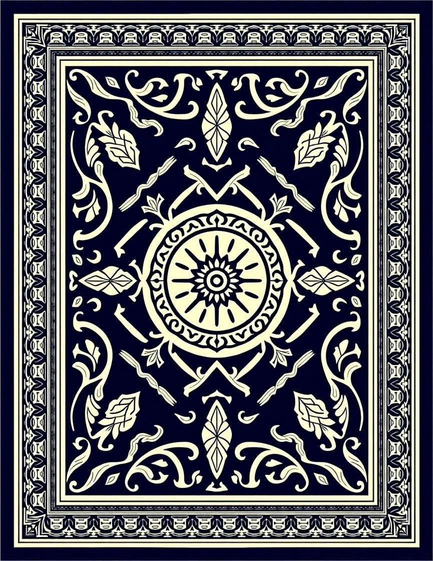 Dark Blue Cream Classic Floral Medallion Rug