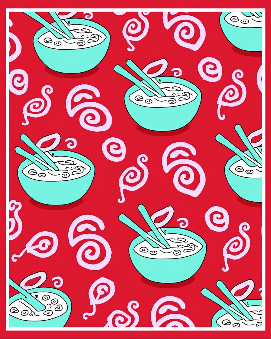 Red Rice Bowl With Chopsticks Swirls Rug