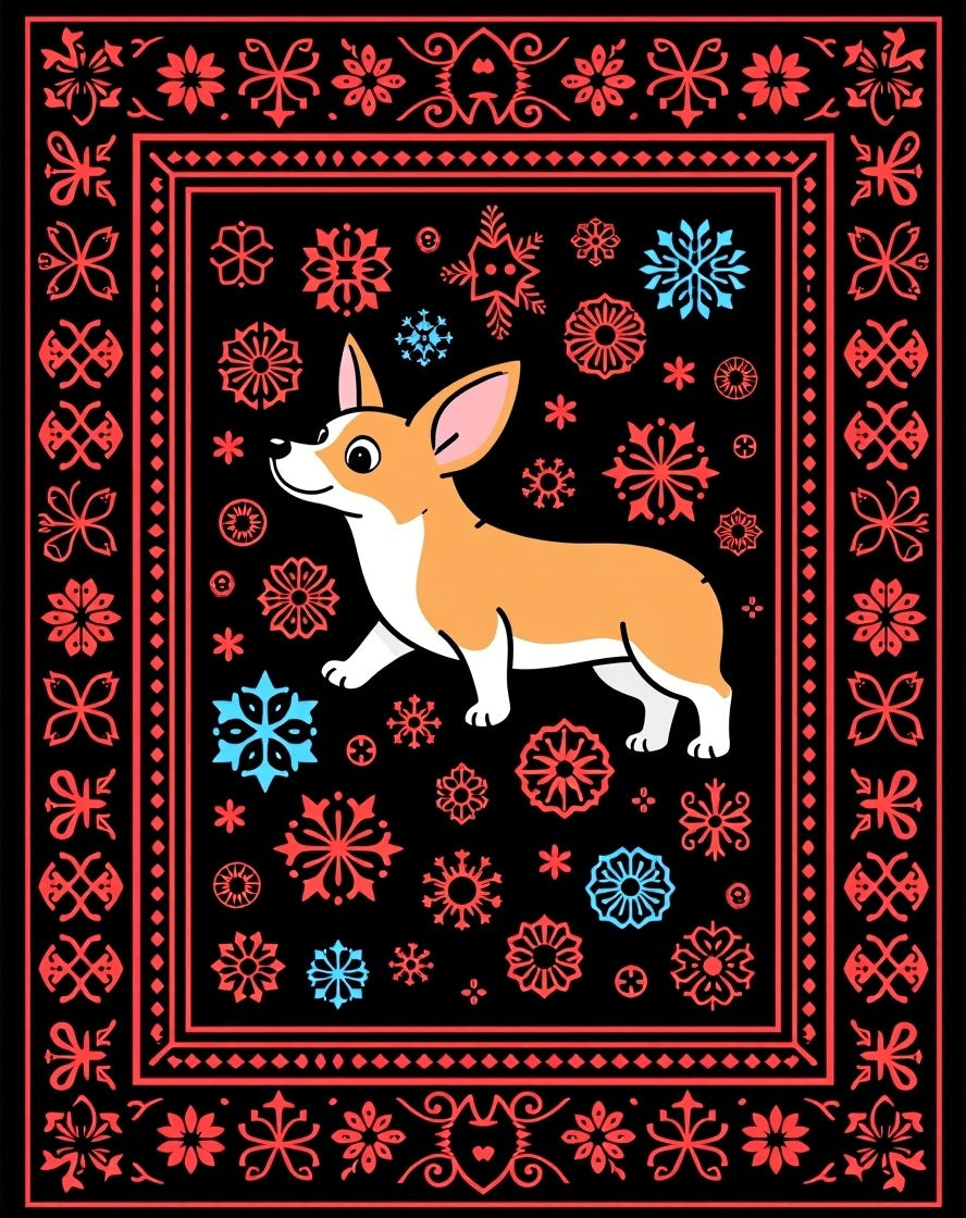 Corgi Snowflake Border Folk Art Rug