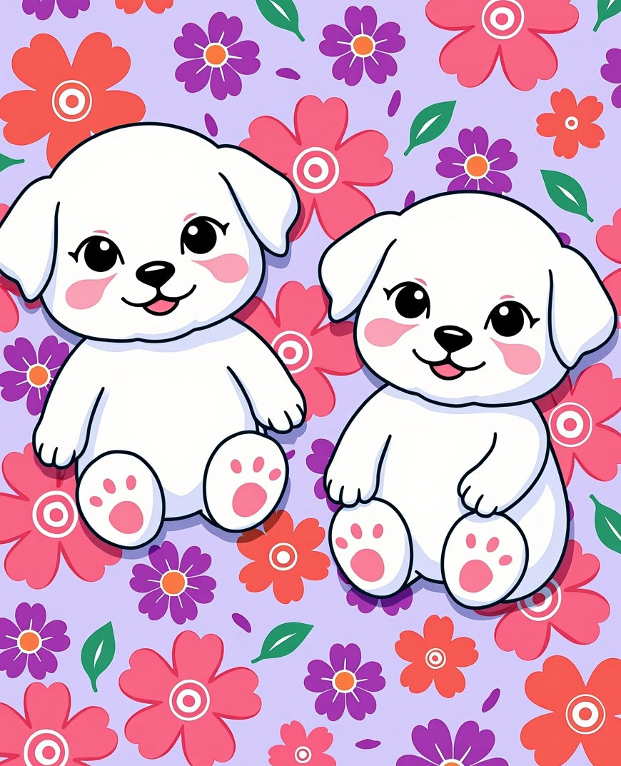 Cute Puppies Floral Background Arrangement Rug