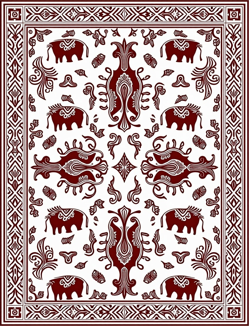 Deep Red Elephant Folk Art Rug