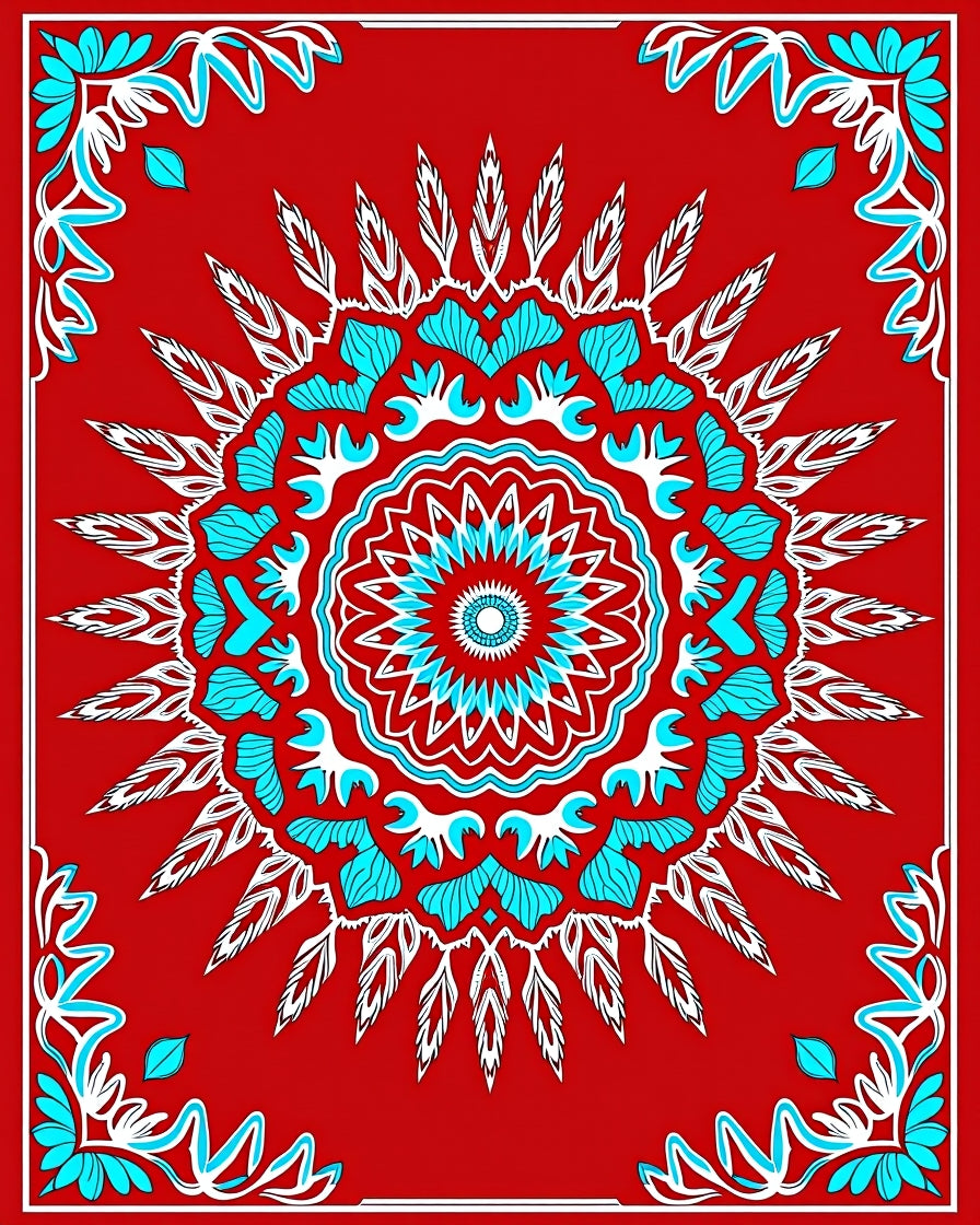 Vibrant Red Turquoise Medallion Floral Rug