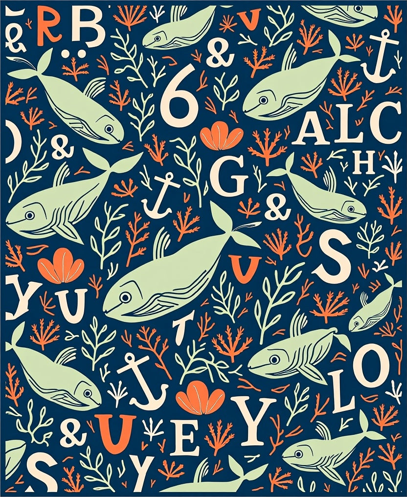 Marine Life Alphabet Illustration Rug