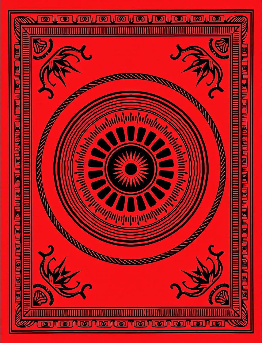 Crimson Sunburst Geometric Border Rug