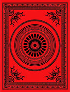 Crimson Sunburst Geometric Border Rug