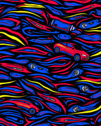 Retro Red Blue Yellow Car Overlap Rug