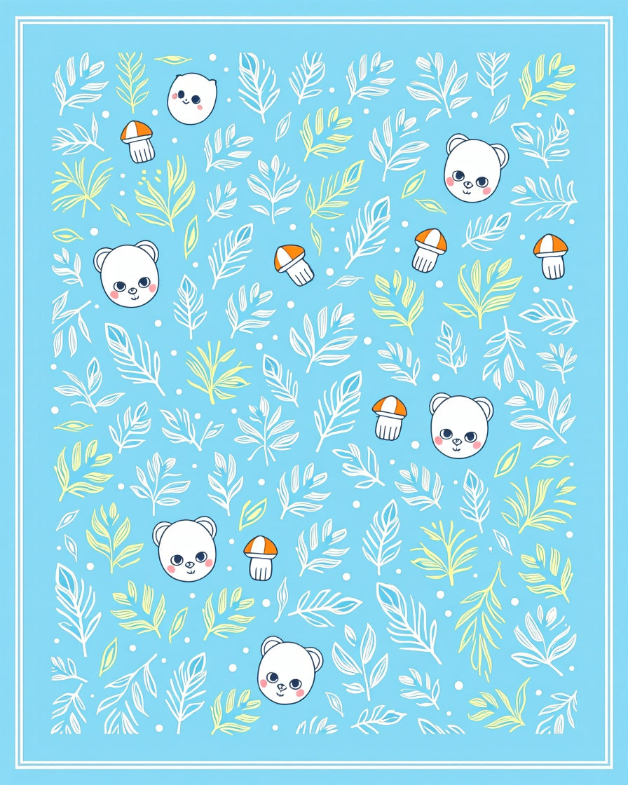 Cute Blue Bear Mushroom Foliage Rug
