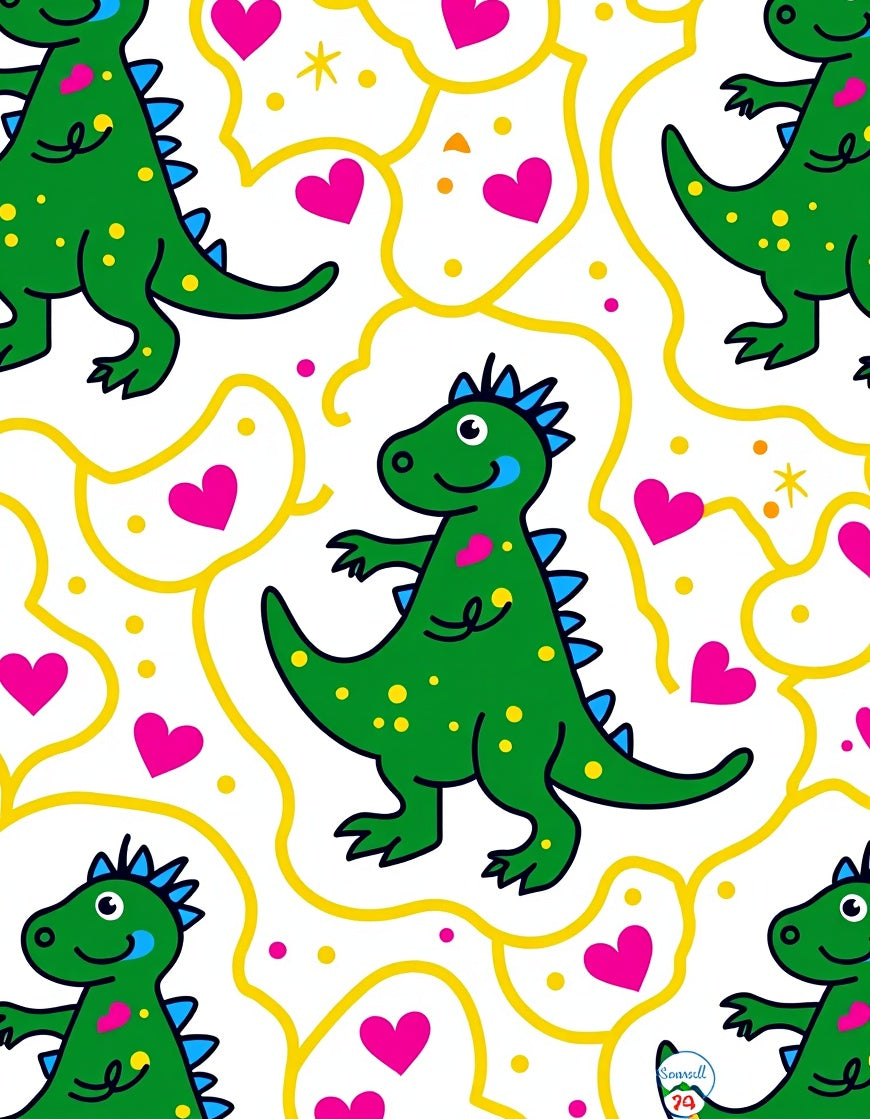 Green Dinosaur Hearts Yellow Swirls Rug