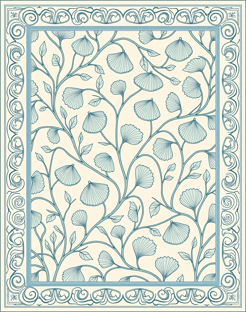 Delicate Blue Ginkgo Leaf Border Rug