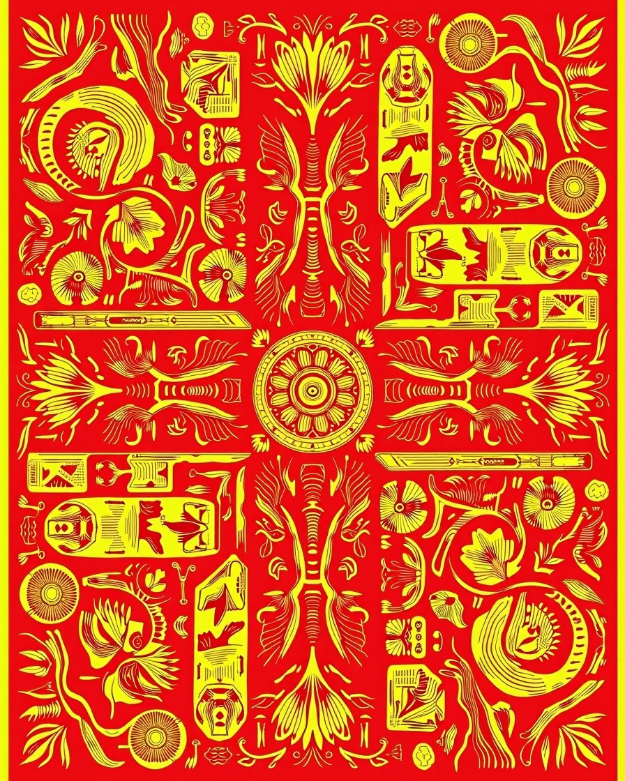 Vibrant Yellow Red Medallion Blooms Rug