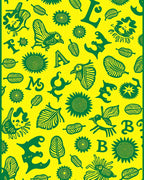 Whimsical Green Animals and Letters Yellow Rug