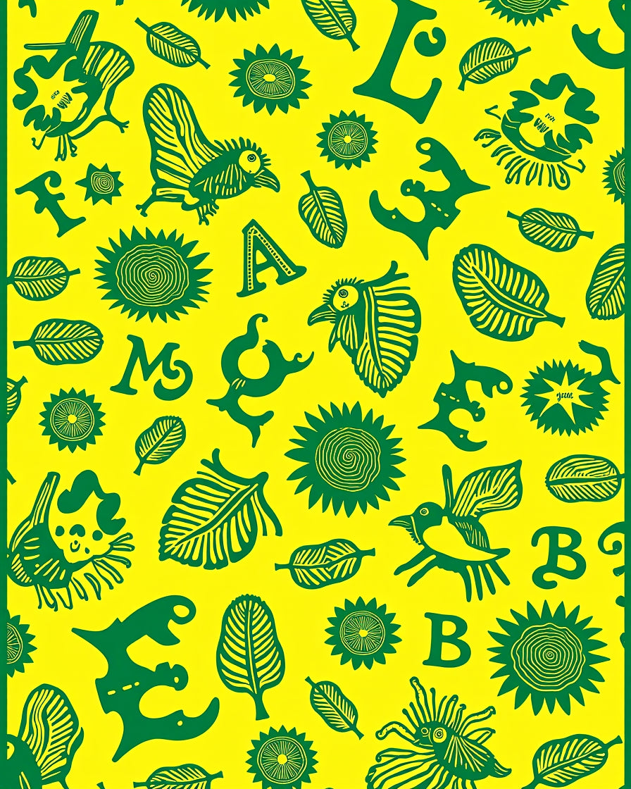 Whimsical Green Animals and Letters Yellow Rug