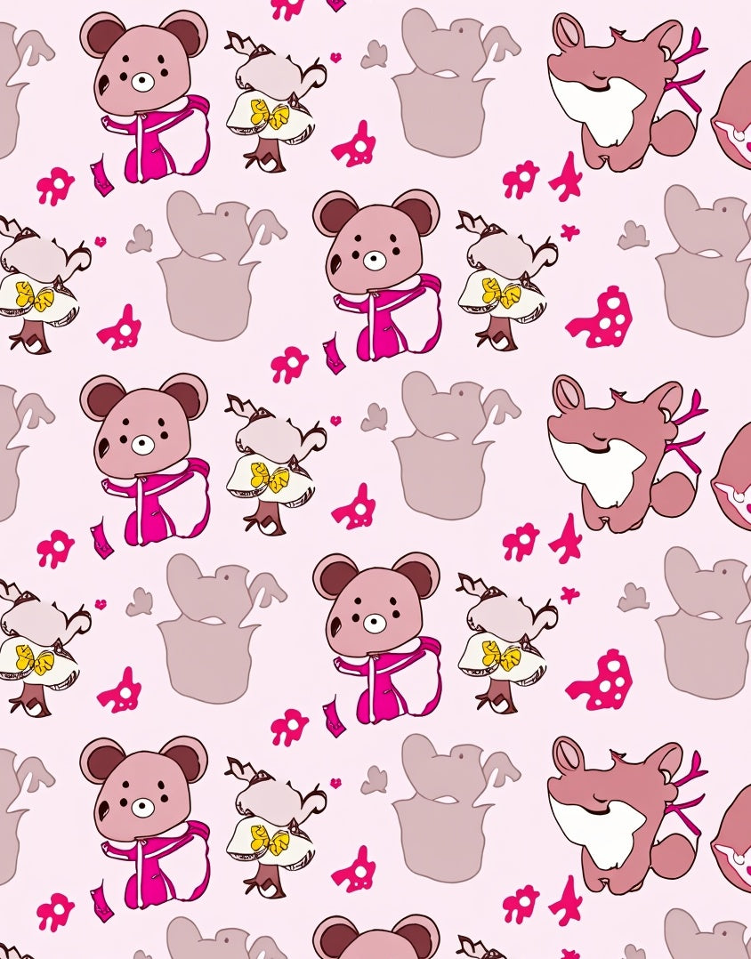 Playful Pink Bear Fox Meadow Scene Rug