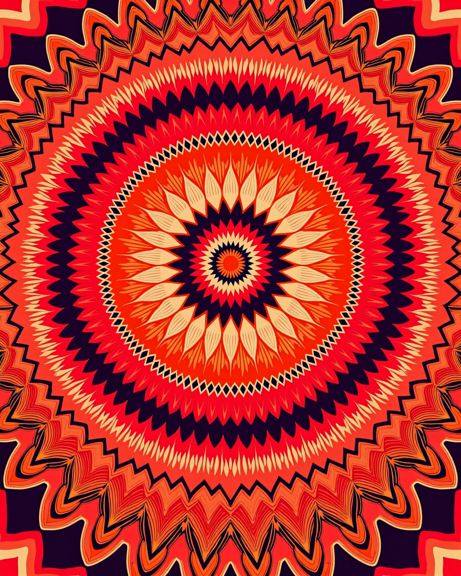 Vibrant Red Orange Mandala Sunburst Rug