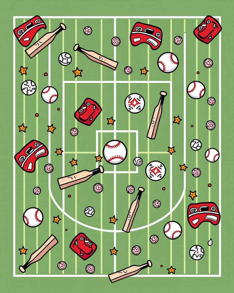 Green Baseball Field Playful Sports Collage Rug