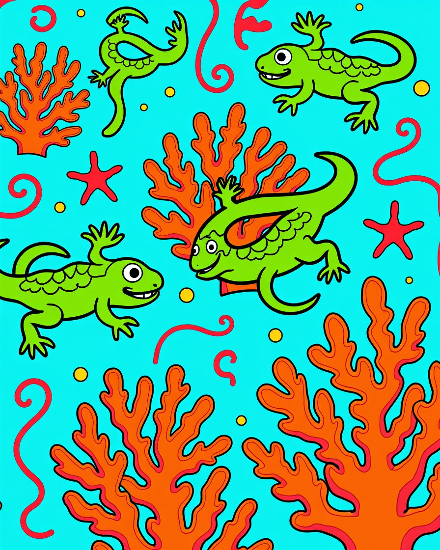 Green Lizards with Coral Undersea Scene Rug