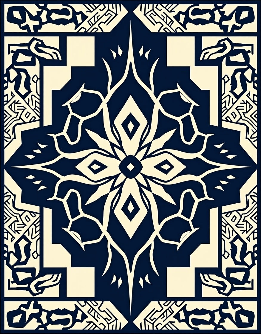 Navy Cream Abstract Geometric Flora Rug