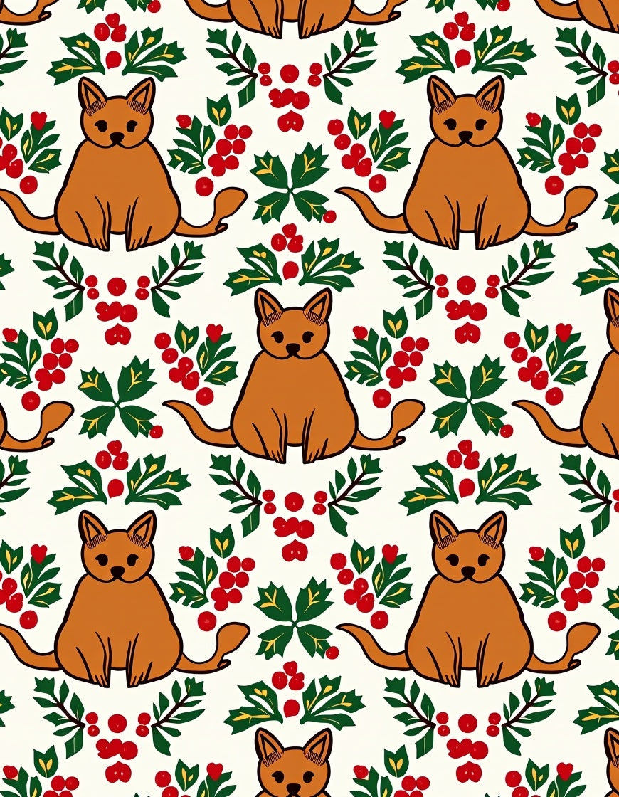 Whimsical Brown Cat Holly Berry Rug