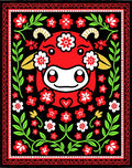 Whimsical Red Cow Floral Folk Rug