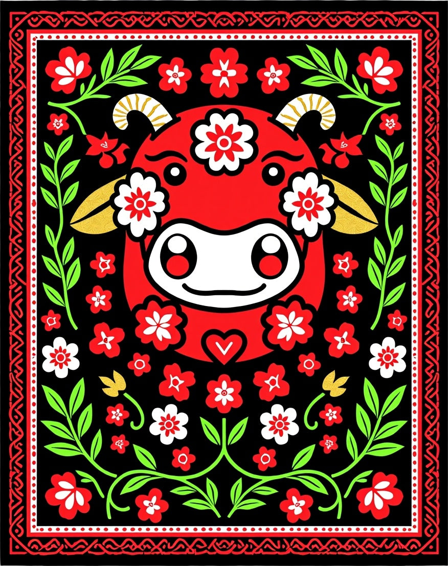 Whimsical Red Cow Floral Folk Rug