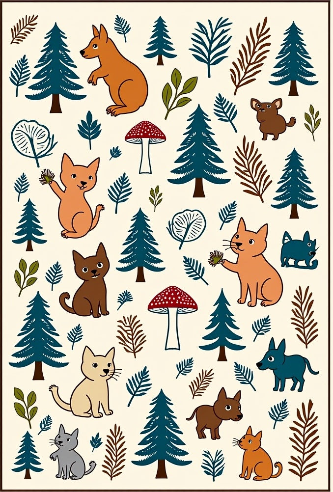 Whimsical Forest Animals Mushroom Trees Rug