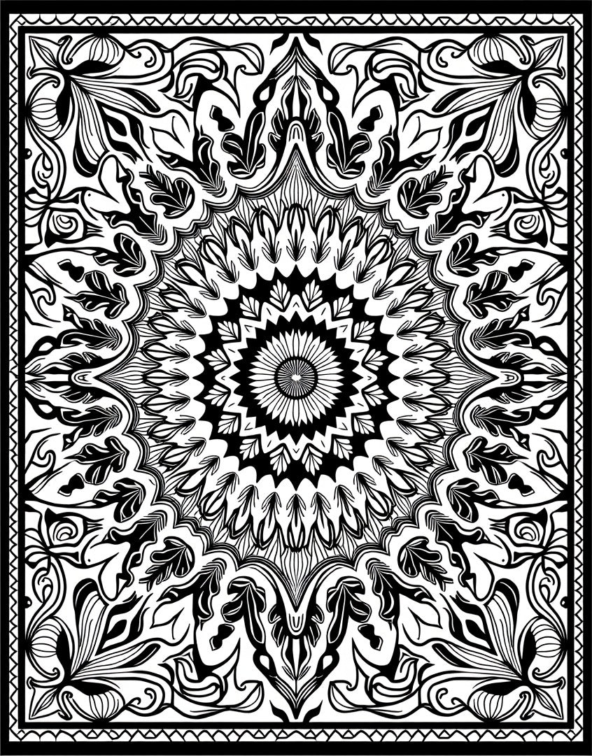 Monochromatic Folk Art Floral Mandala Rug