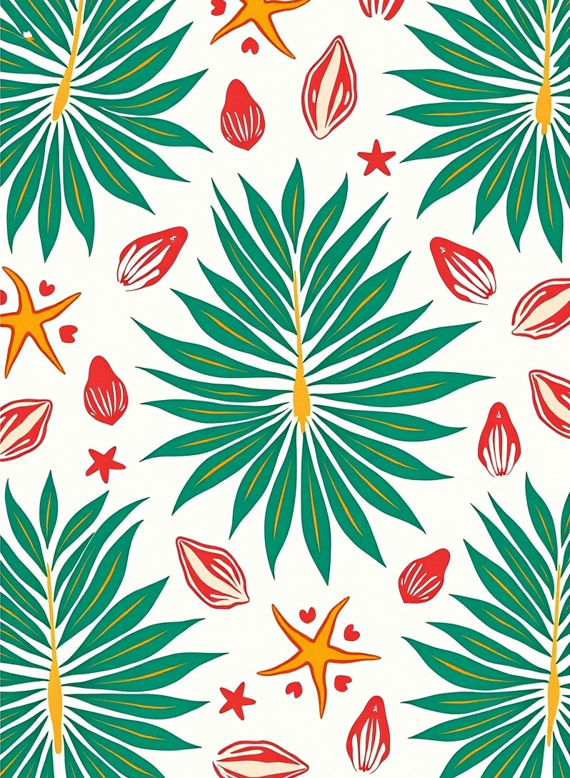 Tropical Green Palm Starfish Shells Rug