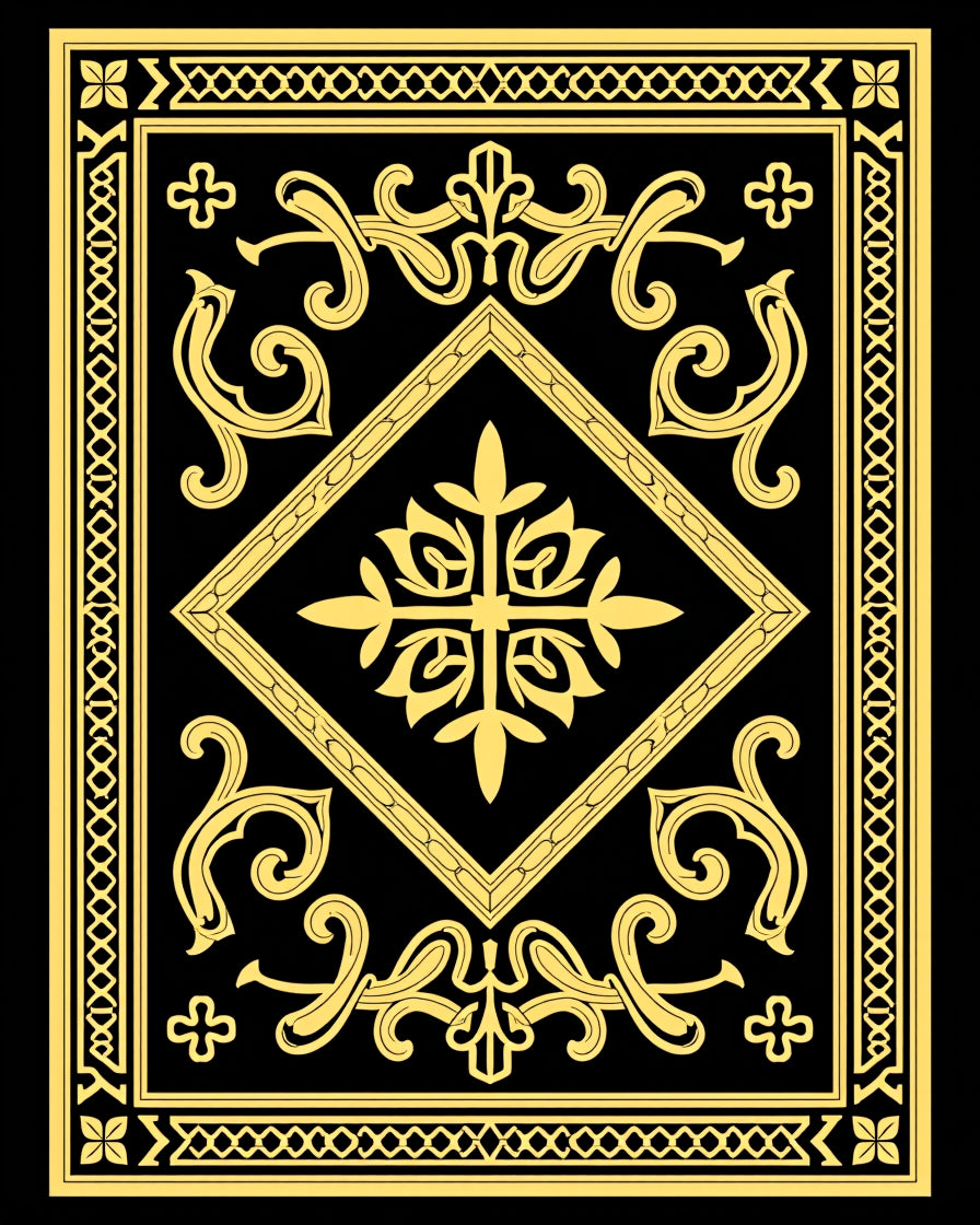 Black and Gold Ornate Scrollwork Diamond Rug