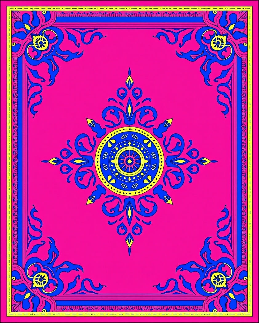 Hot Pink Royal Blue Yellow Medallion Border Rug