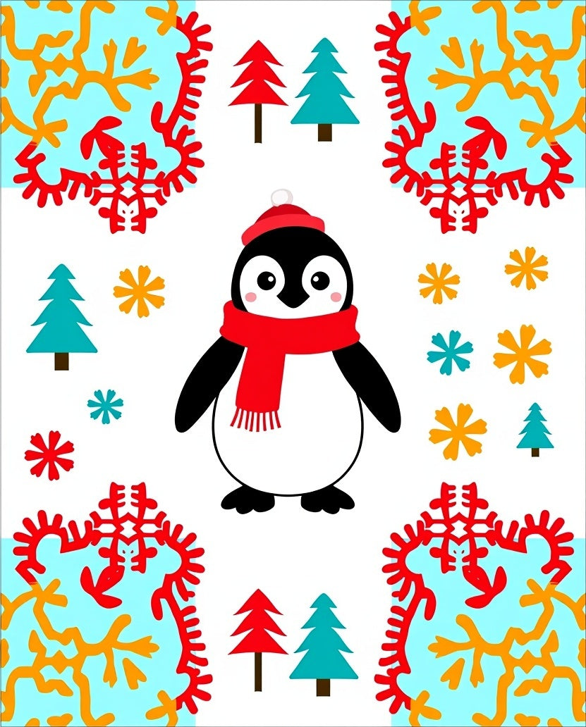 Festive Penguin Red Scarf Christmas Trees Rug