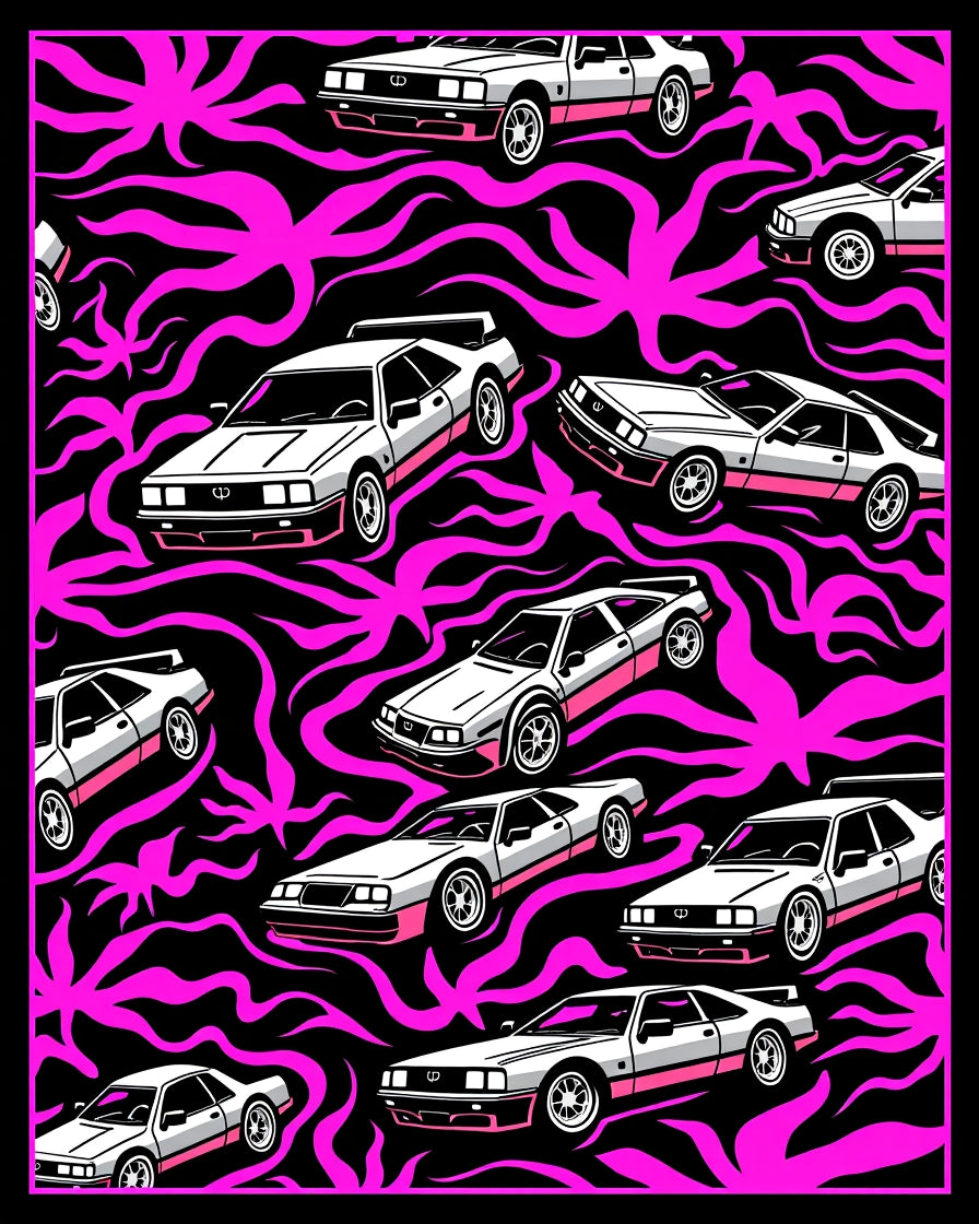 Retro White Cars Pink Swirls Rug