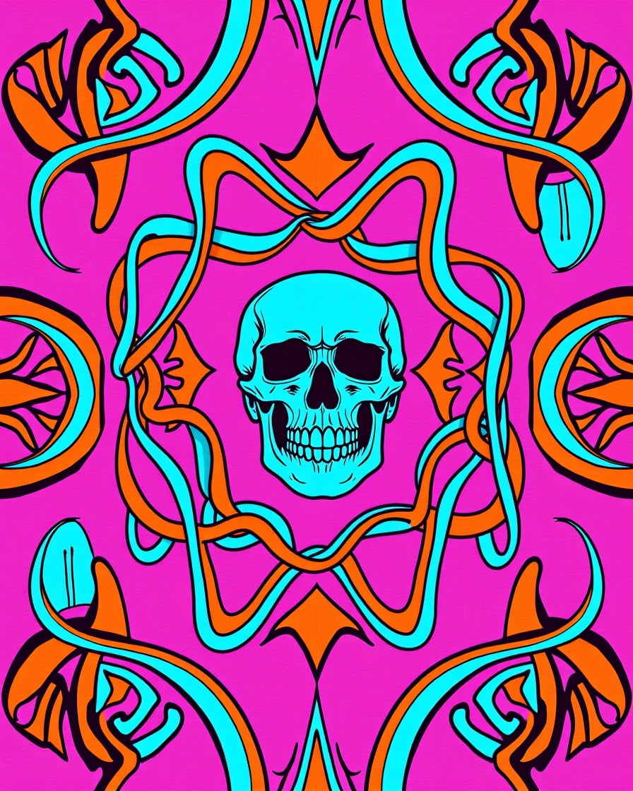 Cyan Skull With Orange Swirls Rug