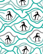 Wavy Teal Penguin Scene Rug